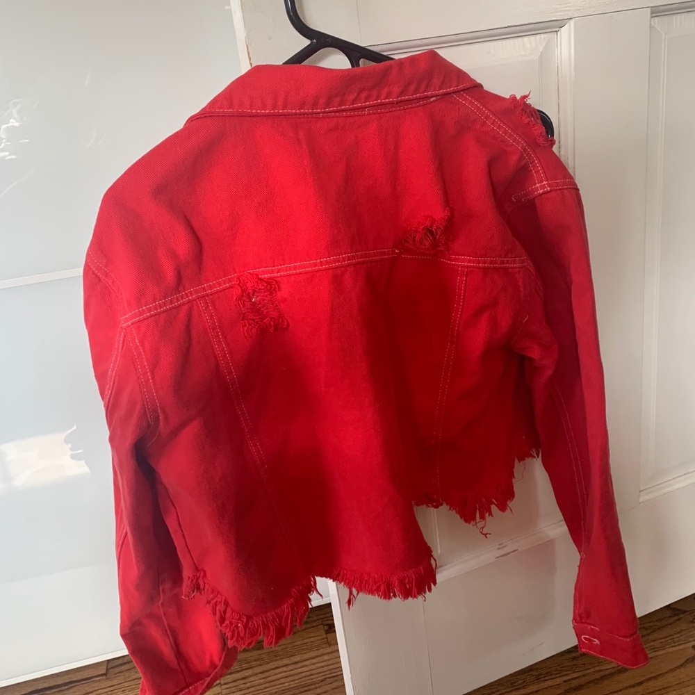 Cropped red jean jacket ripped